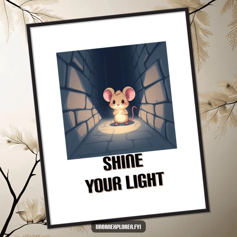 Funny Digital Art: A tiny mouse with a headlamp shines its beam into a dark, mysterious alleyway.