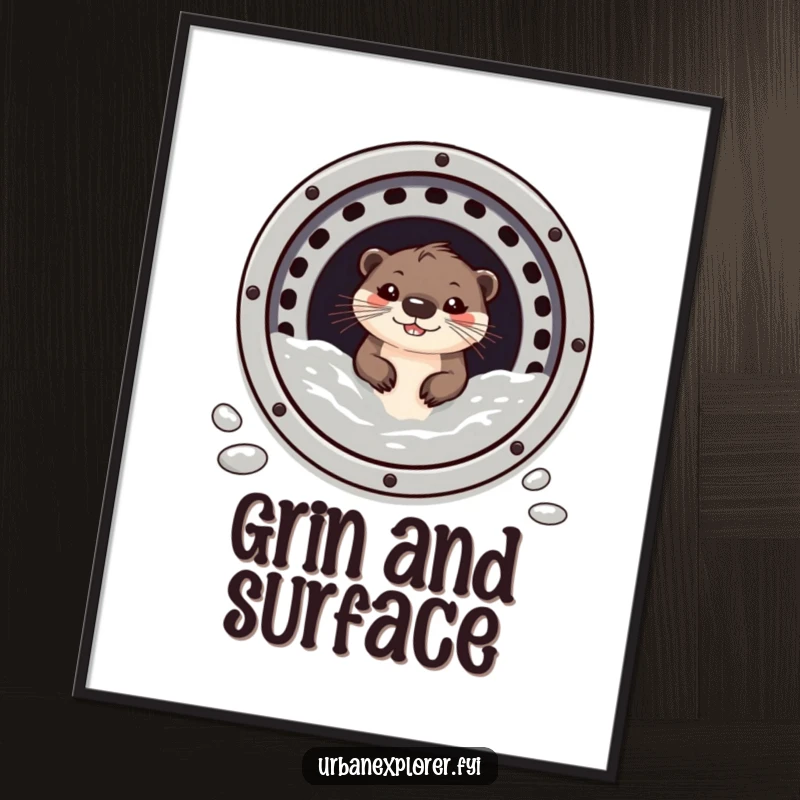 Funny otter with a mischievous grin, peeking out from a sewer grate, as a digital art print.