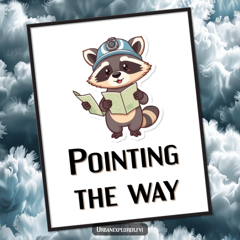 Funny digital art print of a playful raccoon in a helmet, holding a map and pointing, evoking adventure and humor.