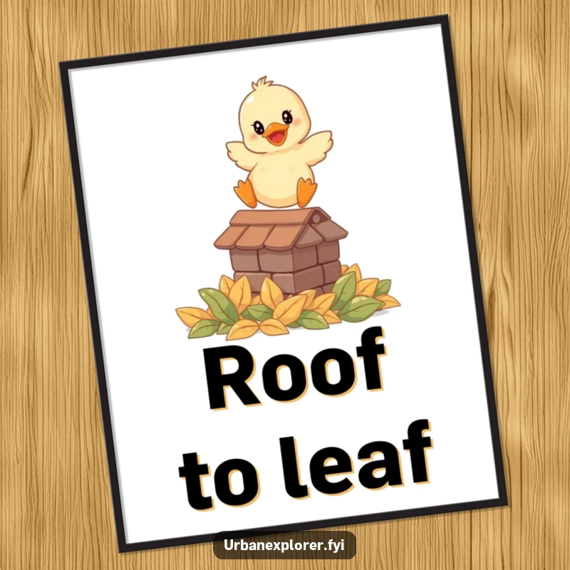 Funny digital art print of a smiling duckling leaping from a rooftop onto leaves, ready to print and add cheer.