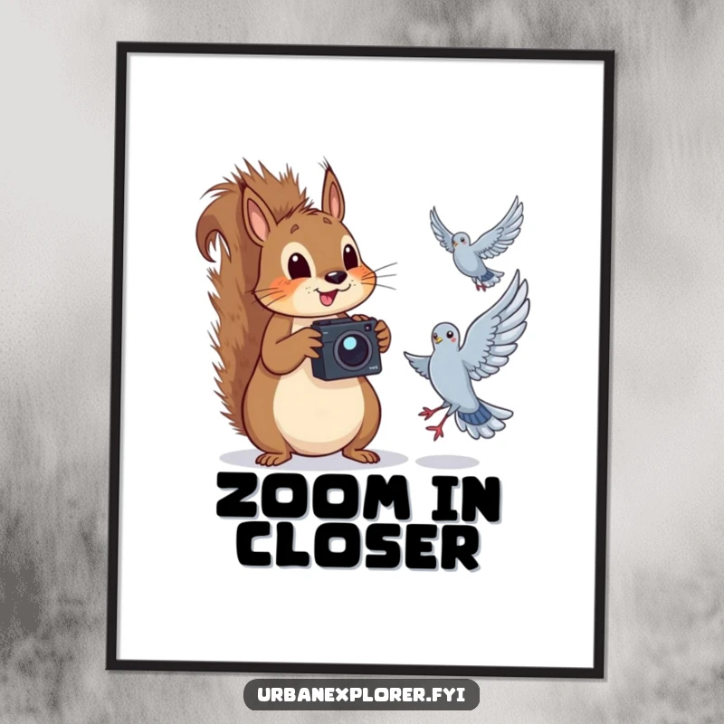 Funny squirrel with a camera, humorously capturing a pigeon mid-flight, as a digital art print.