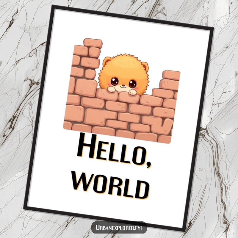 Funny Fluffy Creature Digital Art: A downloadable print of a fluffy creature peeking from a wall, embodying curiosity, a funny gift.