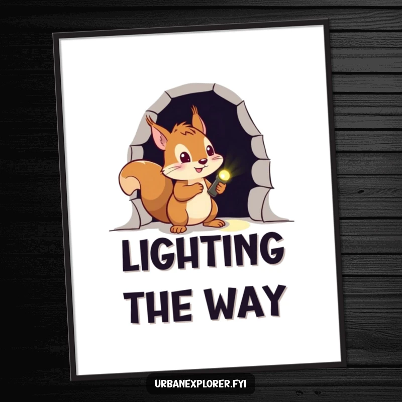 Funny squirrel digital art print of a brave explorer with a flashlight, investigating a dark, intriguing doorway.