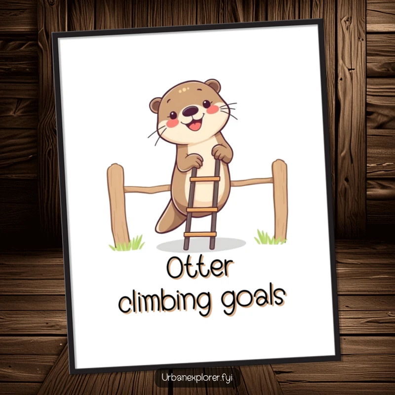 Funny otter character humorously climbing a fence with a ladder in a digital art print, perfect for instant humorous wall decor.