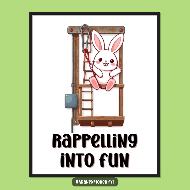 Funny Kawaii Bunny Digital Art: Rappelling Fire Escape Downloadable Print, Perfect Funny Gift