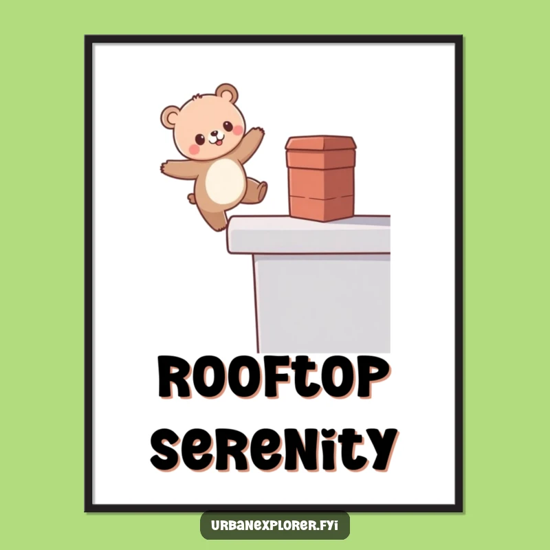 Funny Kawaii Bear Digital Art: Rooftop Balance Downloadable Print, Perfect Funny Gift