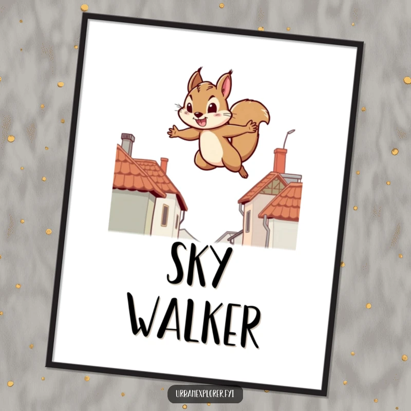 Funny digital art print of a determined squirrel leaping between distant rooftops, ideal for humorous wall decor.