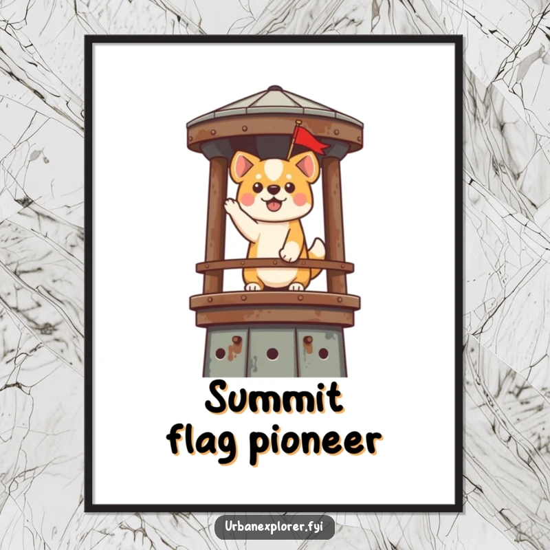 Funny Kawaii Dog Digital Art: A cute dog triumphantly plants a flag on a rusty water tower, bringing humorous victory to your decor.