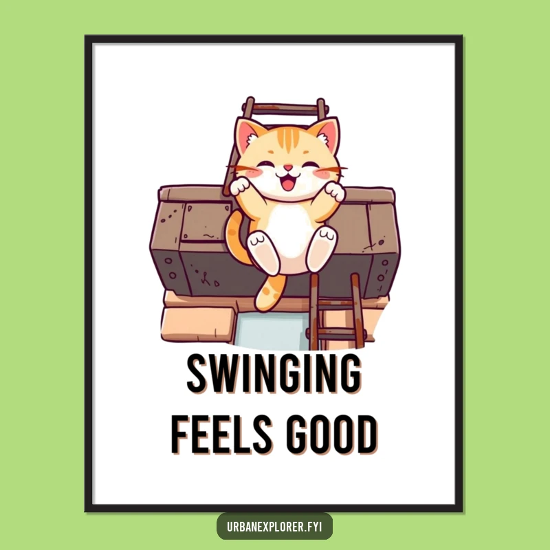 Funny Kawaii Cat Fire Escape Digital Art: Urban Swing Scene, Instant Decor Gift