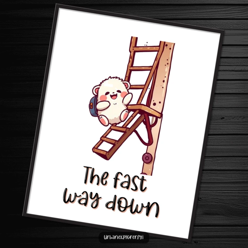 Funny digital art of a fluffy creature with a backpack joyfully sliding down a rusty fire escape, ready to print.