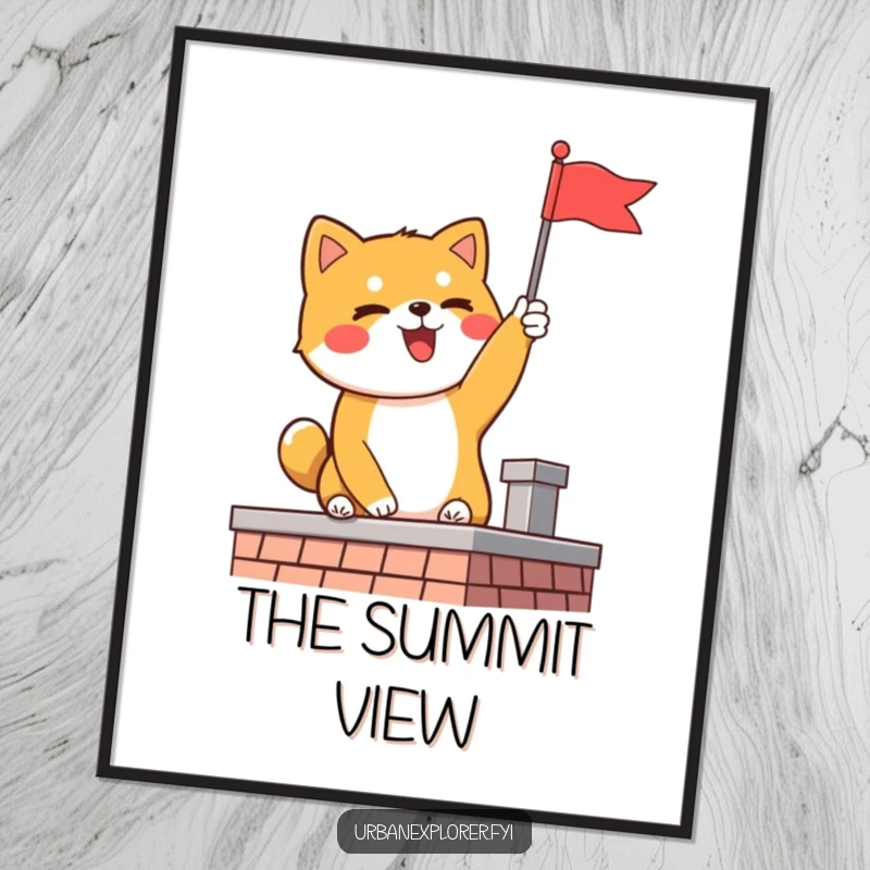 Funny Shiba Inu digital art print of a delighted dog triumphantly planting a flag on a rooftop.