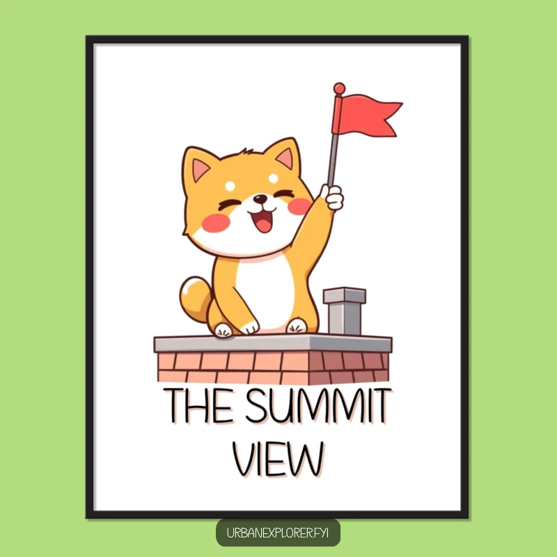 Funny Shiba Inu Flag Digital Art: Delighted Dog's Rooftop Triumph, Printable Funny Gift Decor