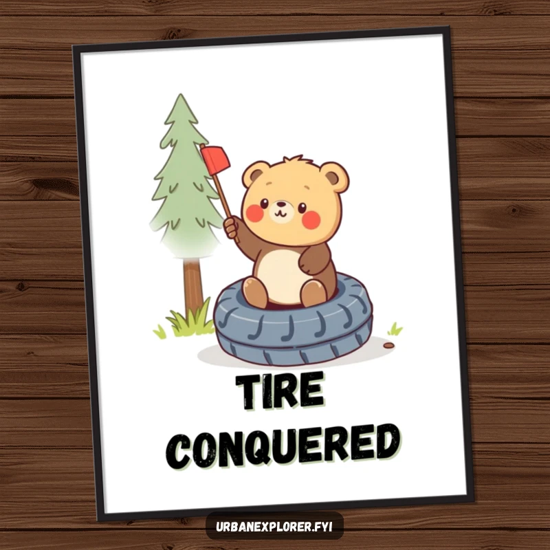 Funny digital art of a round bear cub triumphantly planting a tiny flag on a discarded tire, ready to print.