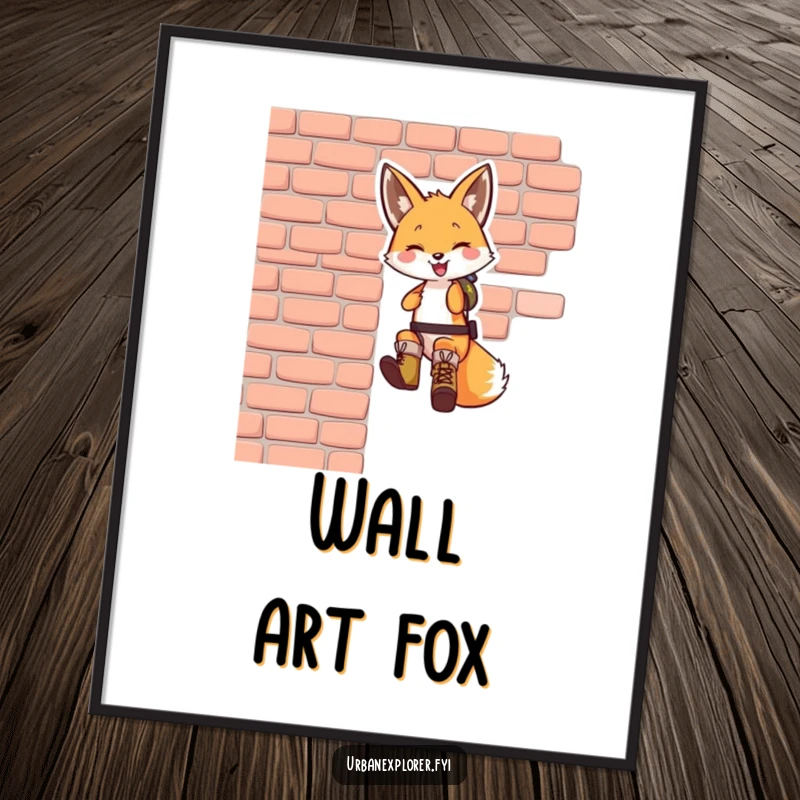 Funny fox digital art print: a smiling fox wearing tiny boots, rappelling down a brick wall, symbolizing adventure and playful daring.