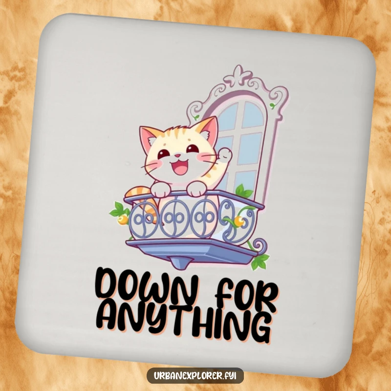 Funny cat coaster showing a gleeful cat rappelling down a balcony, providing humorous protection for drinks.