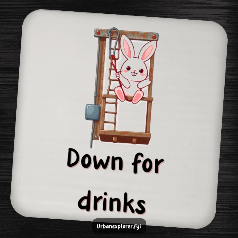 Funny Kawaii Bunny Coasters, cute bunny rappelling down a rusty fire escape, set of drink coasters, perfect funny gift.