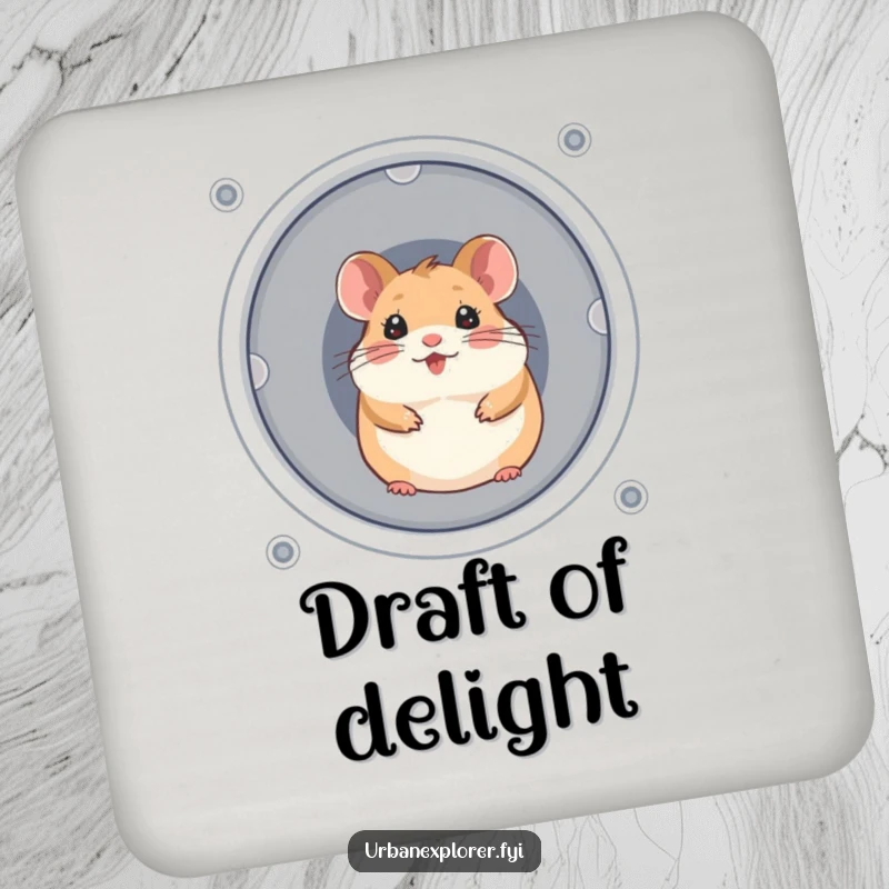 Funny, cheerful hamster peeking from a ventilation shaft, on a set of drink coasters.