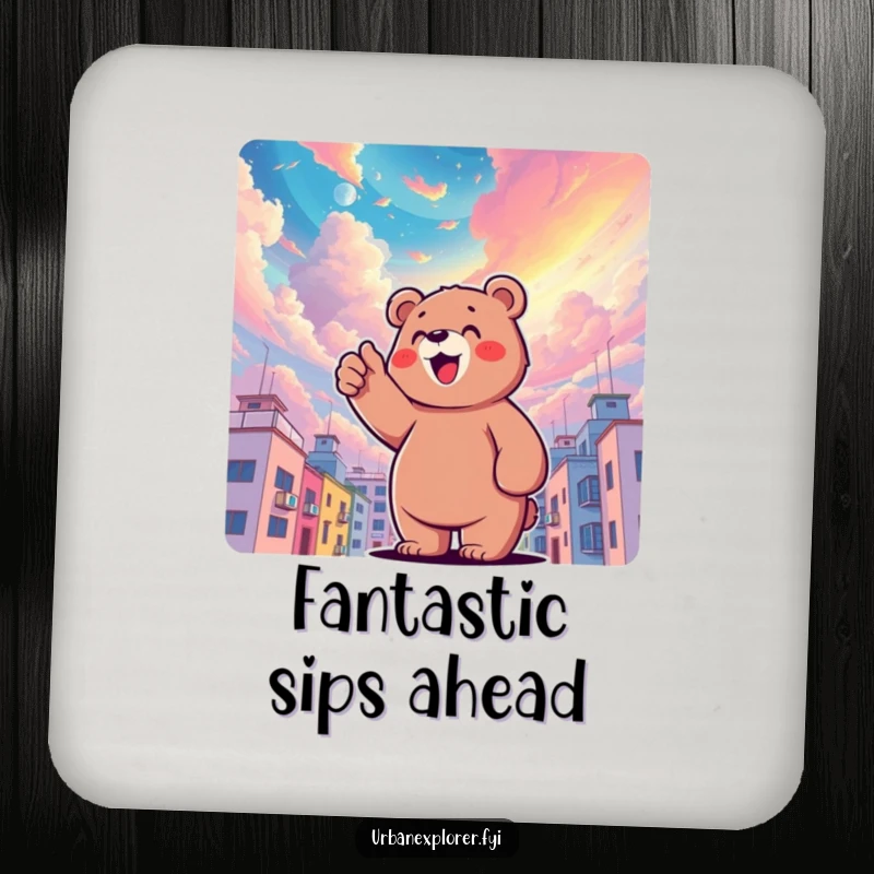 Funny bear character pointing upwards at a surreal, colorful sky above buildings, a humorous design for protecting surfaces, a funny gift coaster.