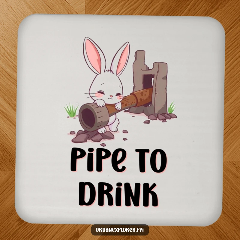 Funny drink coasters featuring a curious bunny examining a rusty pipe, a humorous addition to any table.