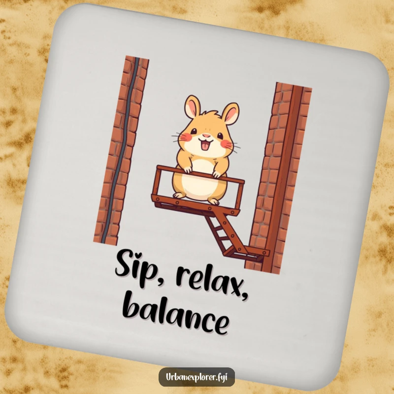 Funny coaster showcasing a happy capybara character balancing on a fire escape, adding a splash of humor.