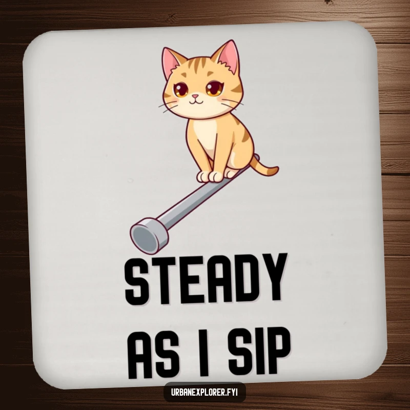 Funny drink coaster featuring a determined cat balancing on a narrow pipe, protecting surfaces with humor and style.
