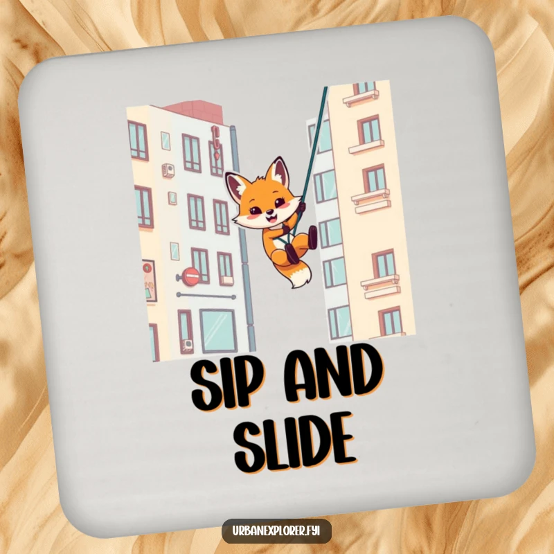 Funny drink coasters featuring a playful fox rappelling down an urban building, a humorous addition to any table.