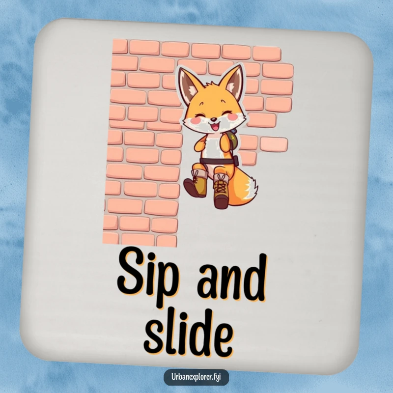 Funny fox drink coaster: a smiling fox in tiny boots rappelling down a brick wall, adding a humorous and adventurous touch to any surface.