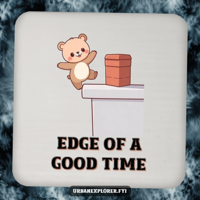 Funny Kawaii Bear Coasters, cute bear balancing on a rooftop edge, set of drink coasters, perfect funny gift.