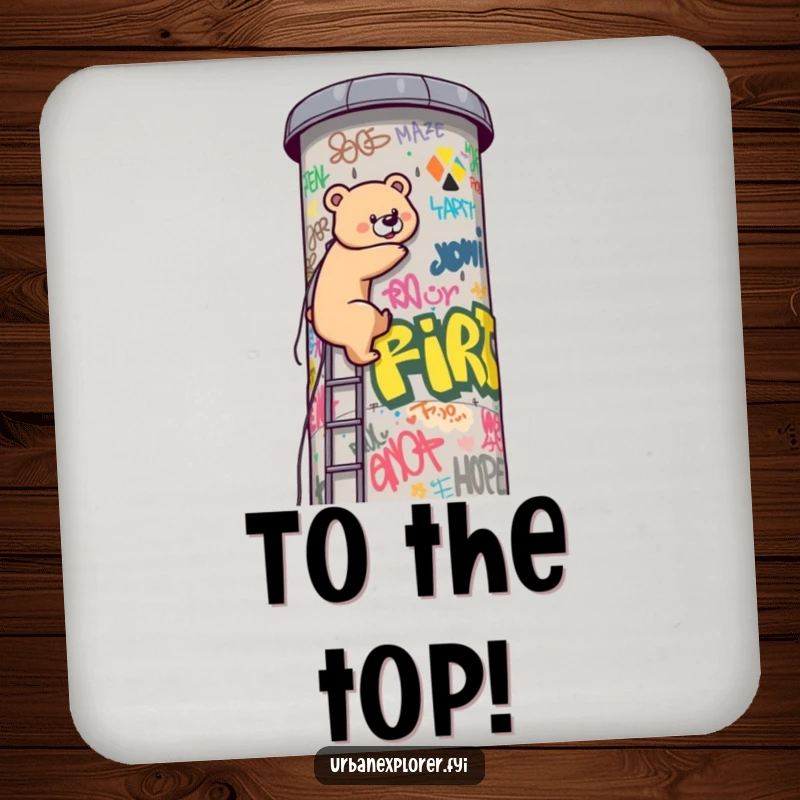Funny Kawaii bear climbing a graffiti water tower adorns this protective and funny drink coaster. A humorous table accessory.