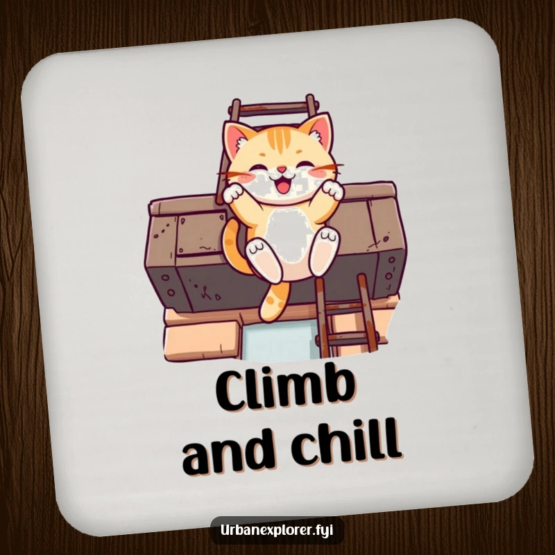 Funny Kawaii cat coasters featuring a cat swinging from a fire escape ladder, offering stylish surface protection.