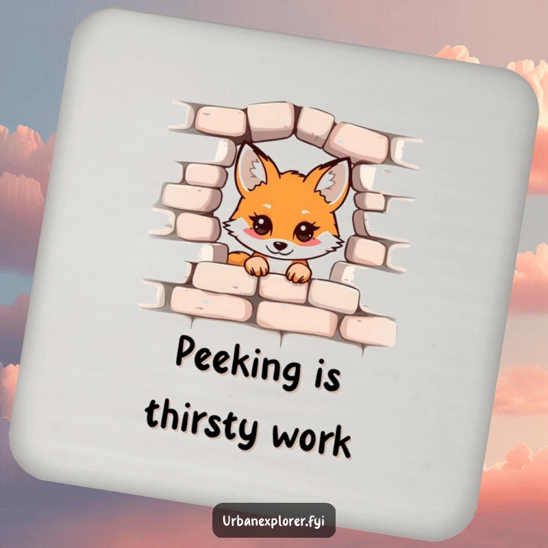 Funny Kawaii Fox Coasters, cute fox peeking from brick wall illustration, set of drink coasters, perfect funny gift.