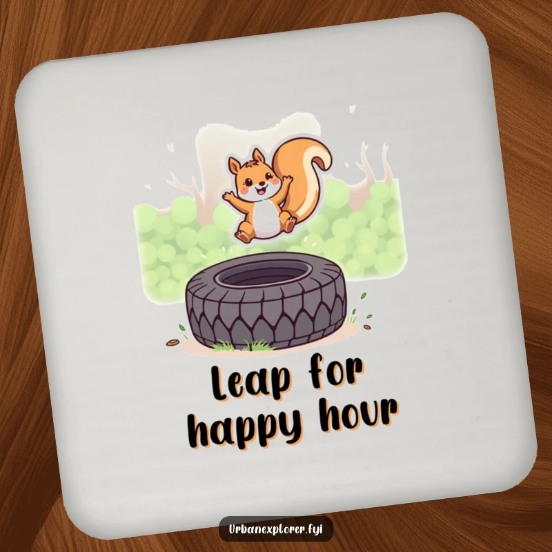 Funny Kawaii Squirrel Coasters, cute squirrel leaping over a tire, set of drink coasters, perfect funny gift.
