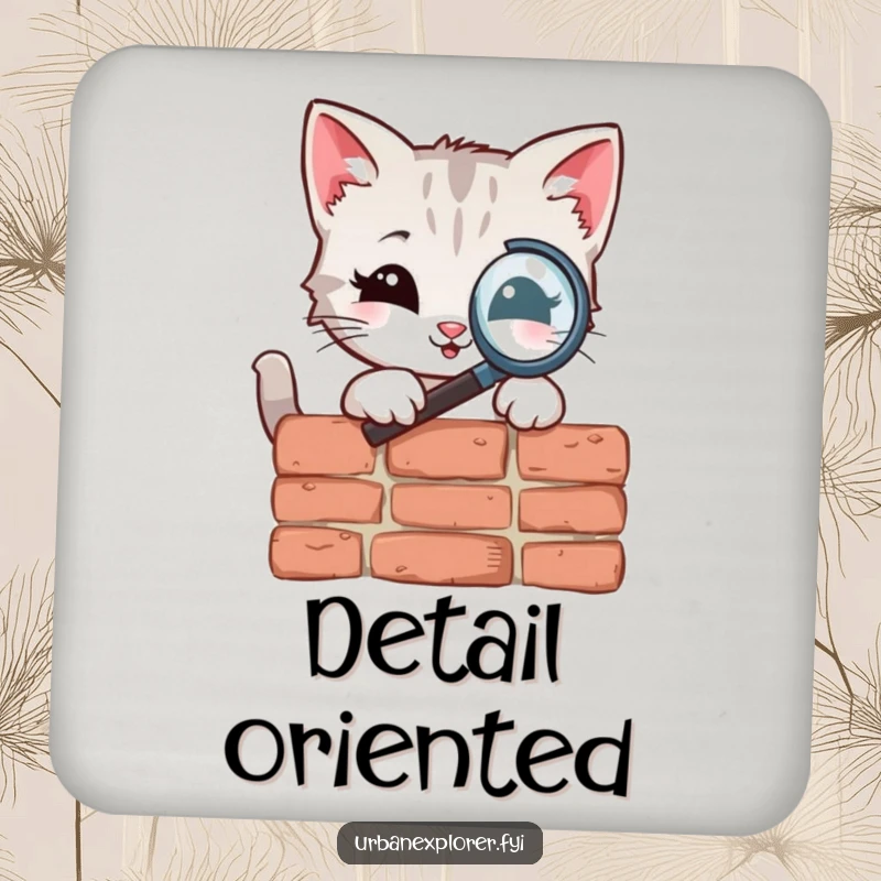 Funny Coaster featuring a smiling kitten character examining a brick with a magnifying glass, perfect for protecting furniture with a hint of mystery.