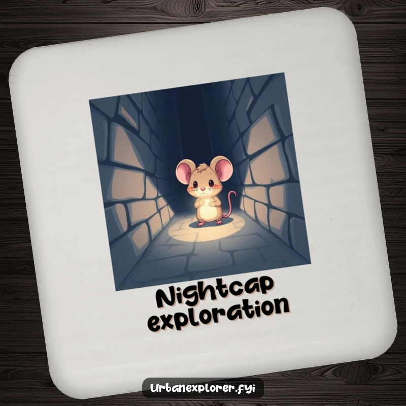 Funny Coaster: A tiny mouse with a headlamp shines its beam into a dark alleyway, offering stylish protection.