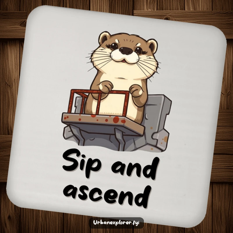 Funny determined otter scaling a rusty fire escape, designed as a humorous drink coaster.