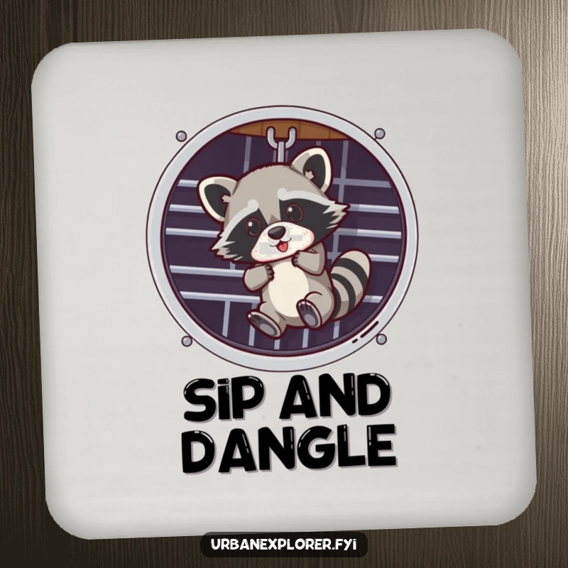 Funny drink coasters featuring a raccoon dangling from a ventilation grate, protecting surfaces with humor.