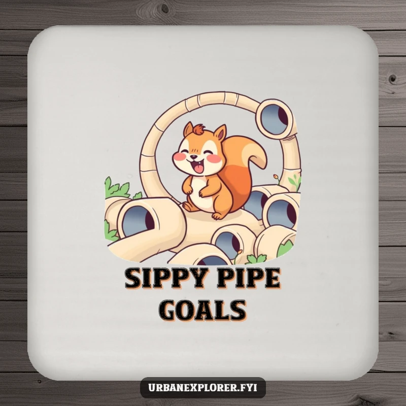 Funny drink coaster with a joyful squirrel navigating a maze of tiny pipes, offering humorous protection against spills and rings.