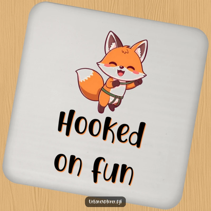 Funny kawaii drink coasters with an enthusiastic fox using a grappling hook to ascend a wall, embodying cute adventure.