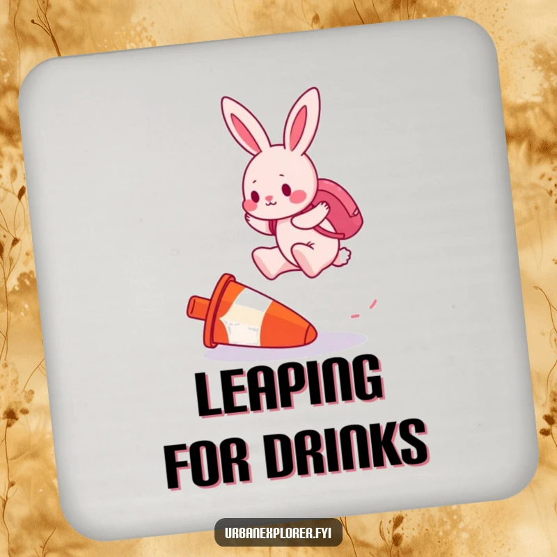 Funny drink coaster with a determined pink bunny wearing a backpack, jumping over an upside-down traffic cone.