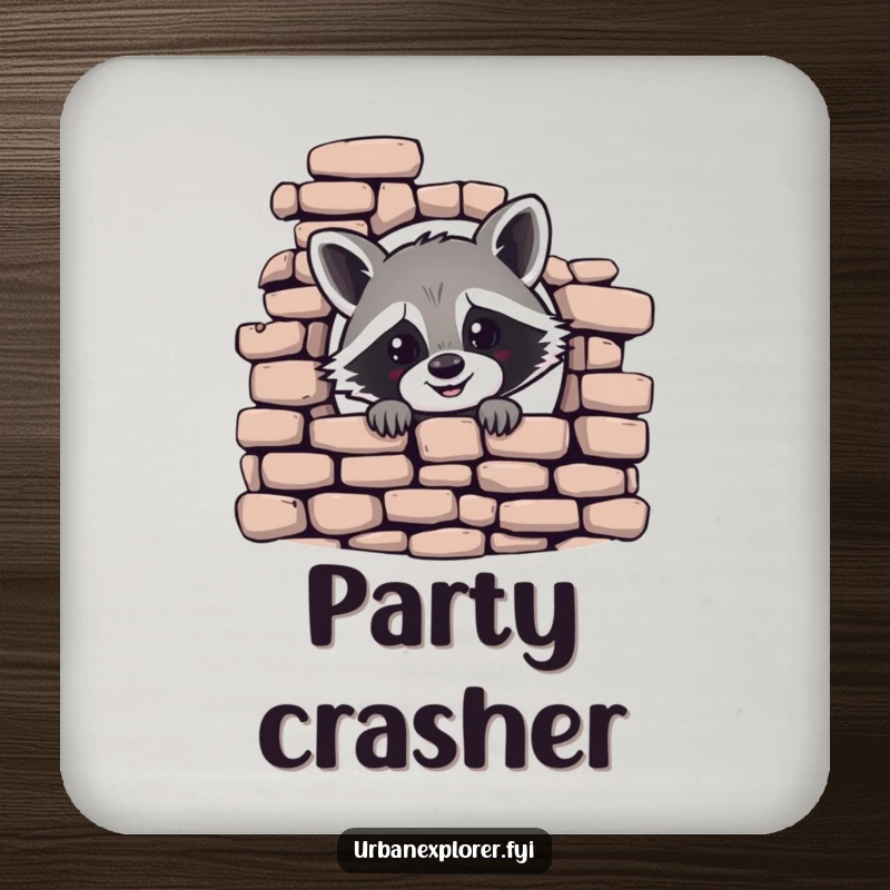 Funny drink coasters featuring a cheerful raccoon peeking from a crumbling brick wall, a humorous addition to any table.