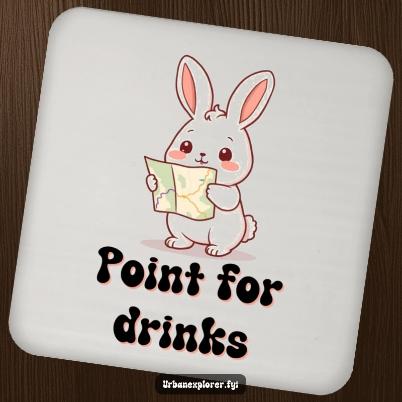 Funny Kawaii rabbit coasters featuring a rabbit holding a map and pointing forward, offering stylish protection.