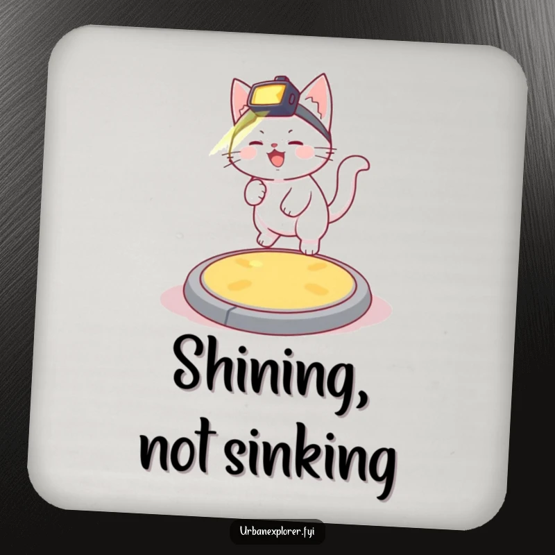 Funny giggling white kitten with a headlamp bouncing on a manhole cover, protecting surfaces with this humorous drink coaster.
