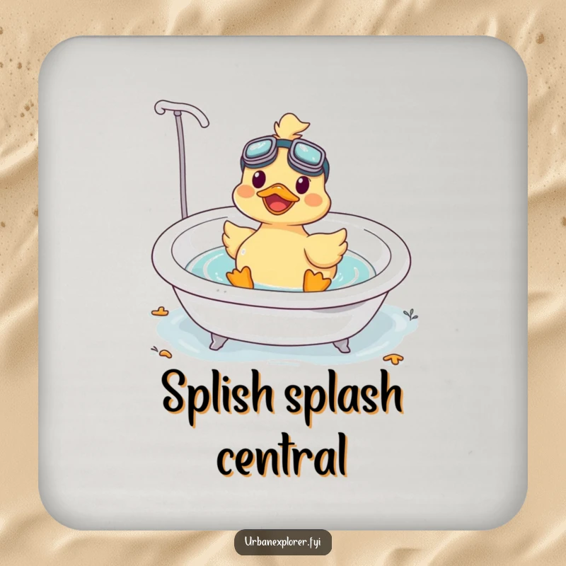 Funny Kawaii duck wearing goggles, floating in a bathtub, printed on protective drink coasters.