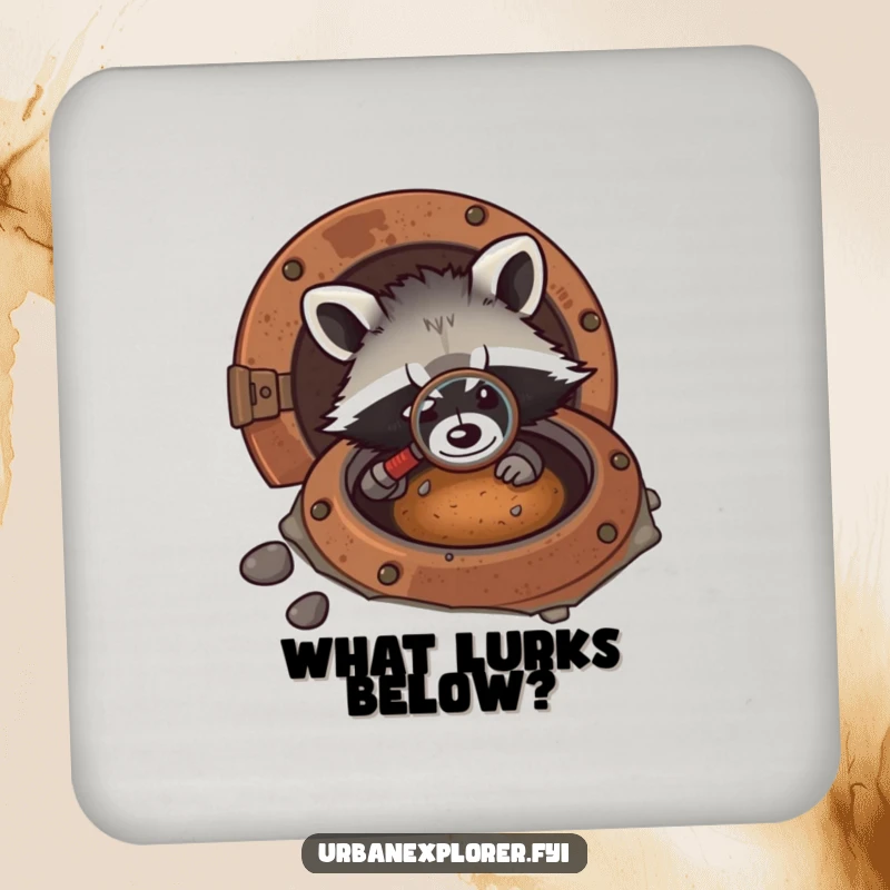 Funny kawaii drink coasters with a raccoon peering into a rusty manhole with a magnifying glass, embodying cute investigation.