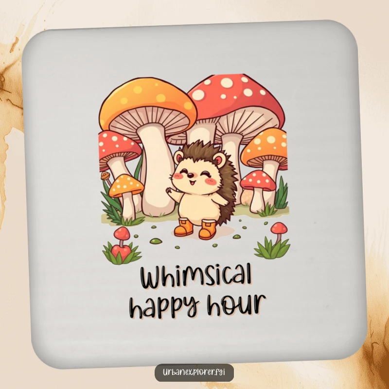 Funny Coaster: A happy hedgehog wearing tiny boots excitedly explores giant mushrooms, offering stylish protection.