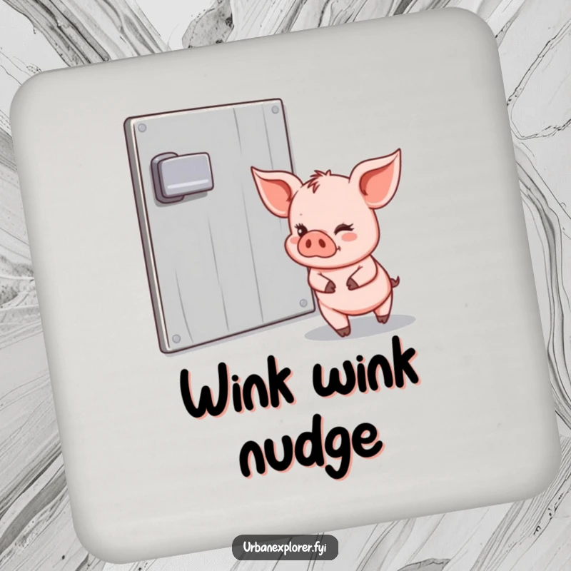 Funny Piglet Coaster: Piglet tiptoeing past a padlock with a wink, symbolizing mischief and protecting surfaces with humor.