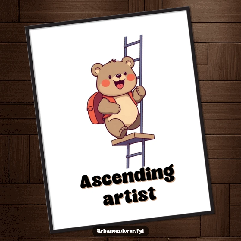 Funny poster art of a gleeful bear with a backpack ascending a fire escape, capturing a moment of playful urban exploration and humor.