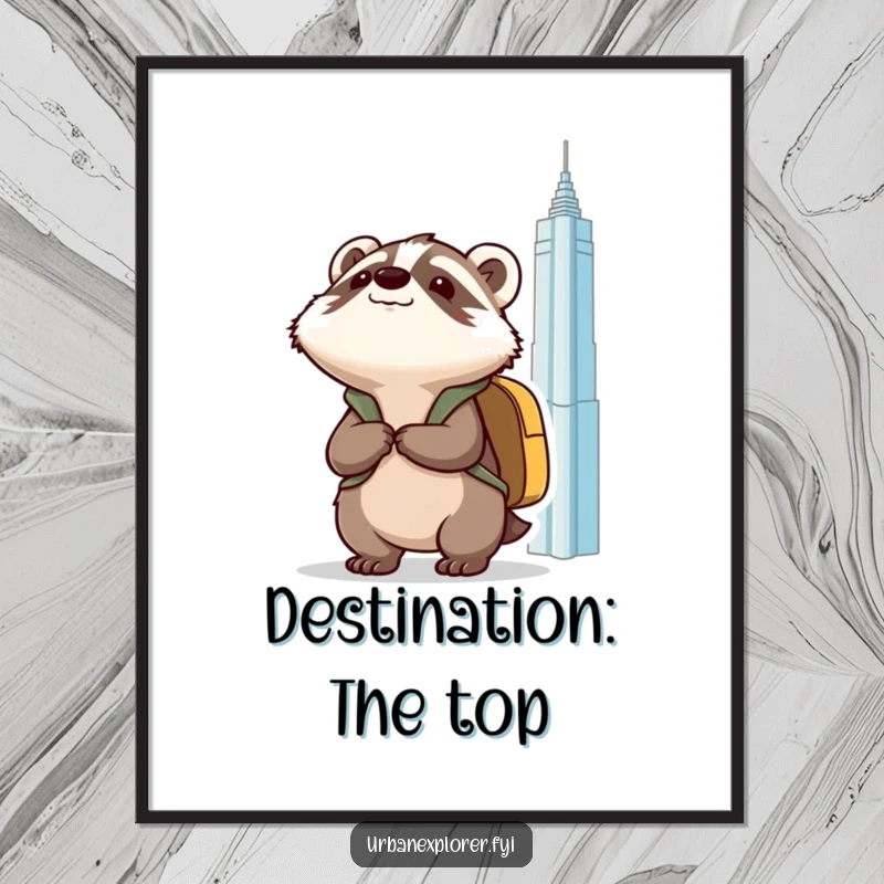 Funny Kawaii badger with a backpack, looking up at a towering building, as inspiring wall art on a poster.