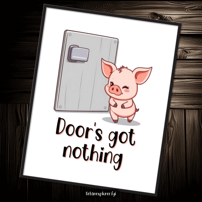 Funny Piglet Poster: A happy piglet tiptoeing past a padlocked door with a sly wink, symbolizing playful mischief and daring escapes.
