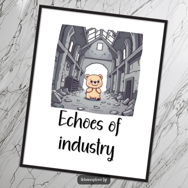 Funny brave bear investigating an abandoned warehouse, ears perked, presented as bold wall art.